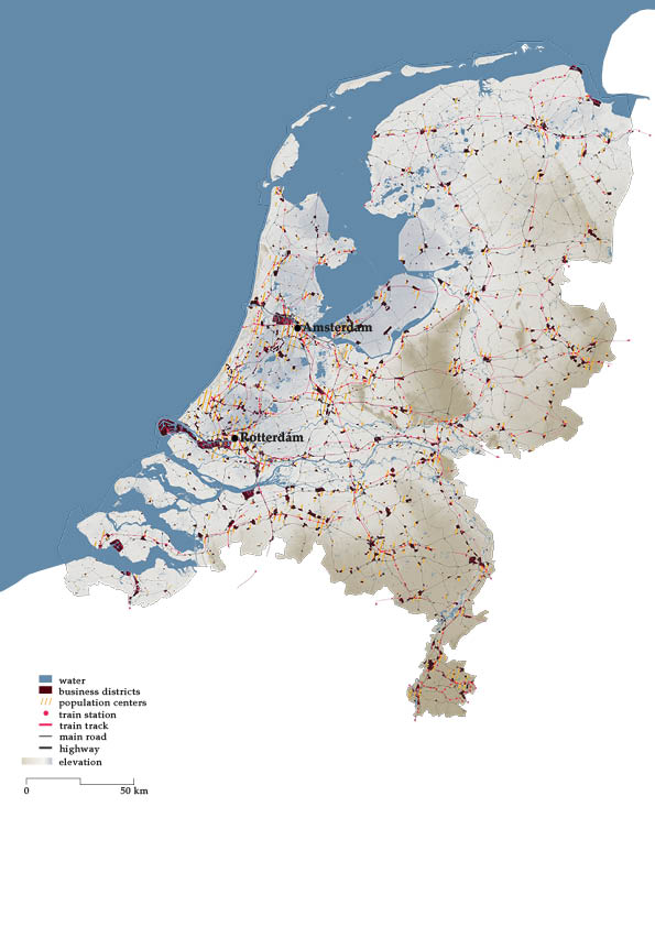 Digital Terrain Model of the Netherlands with current business districts and their urban-landscape and infrastructural context